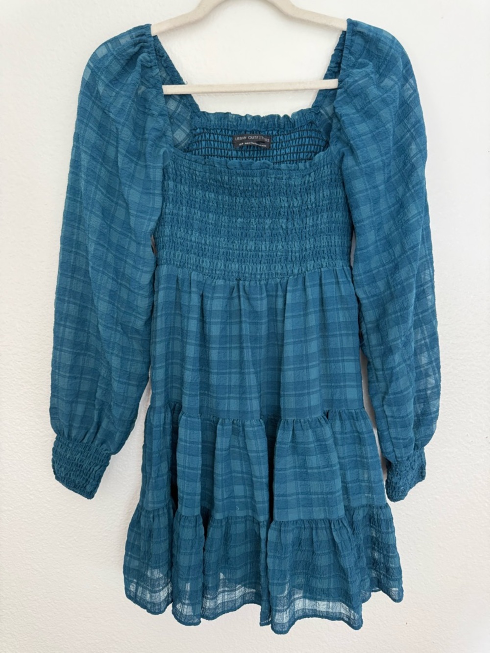 Urban Outfitters Teal Plaid Smocked Tiered Dress